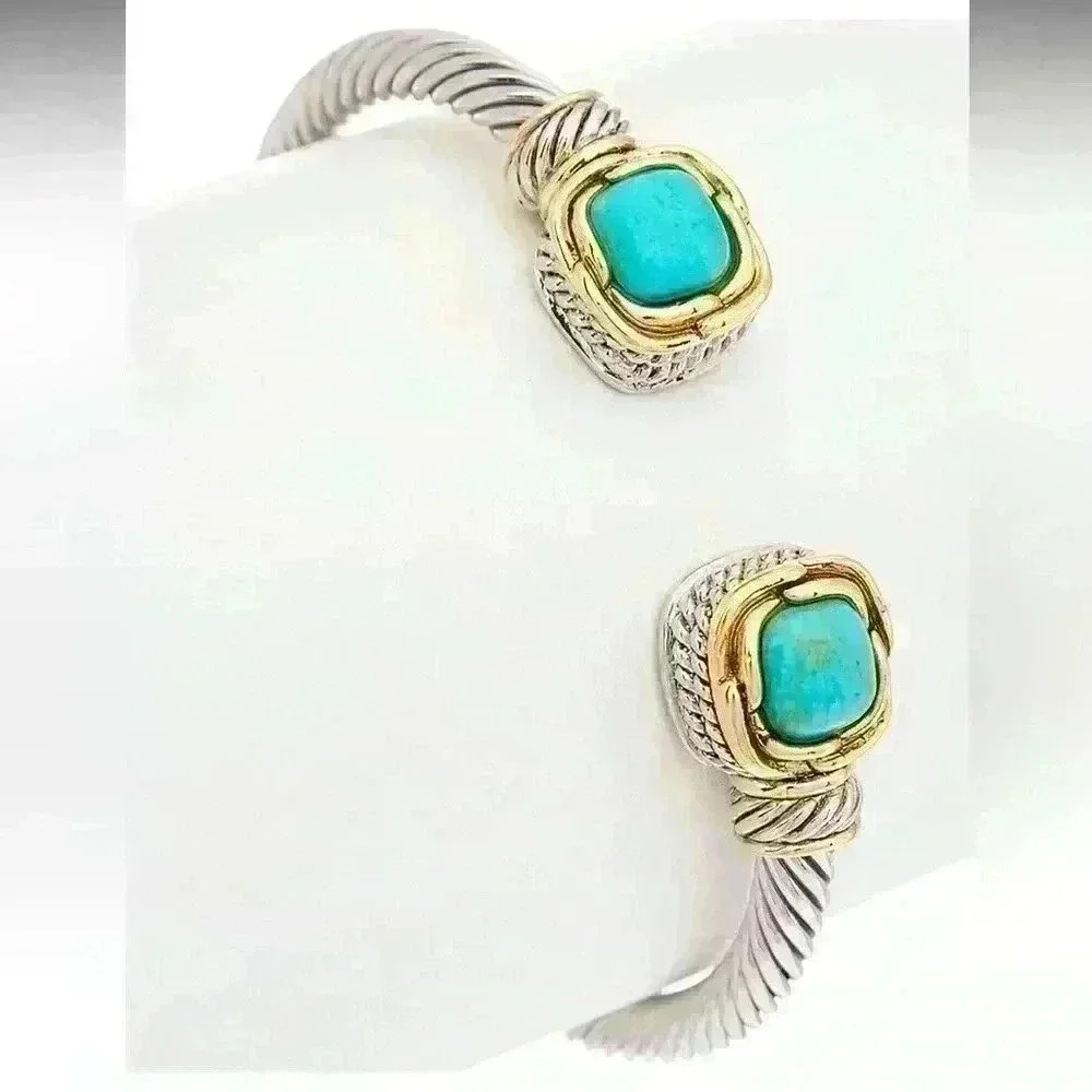 Juvell 18K Two-Tone White and Yellow Gold Plated Turquoise Bangle Sz 6.5” - 7.5”
